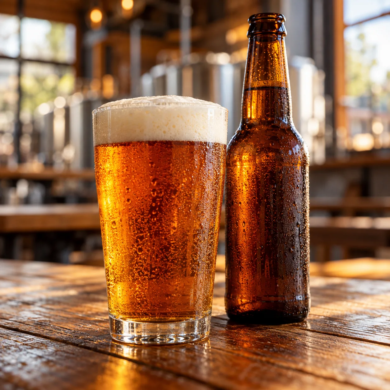 Amber beer in a glass beside a bottle