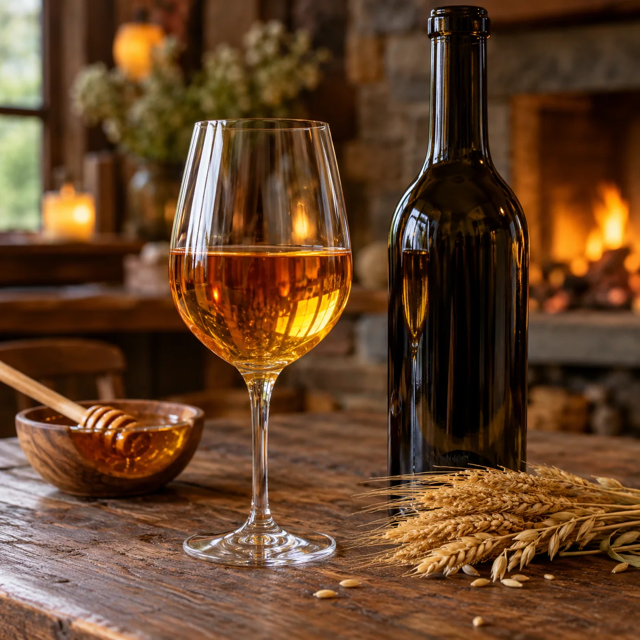 Amber honey wine in a glass beside honey and grain