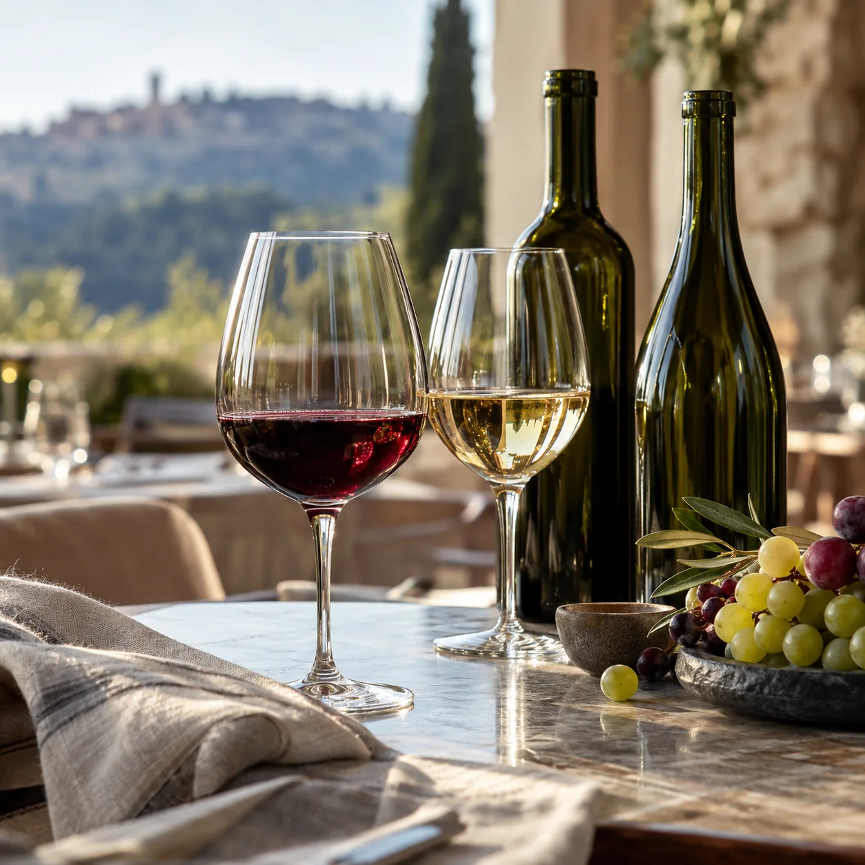 Red and white wine served at a table